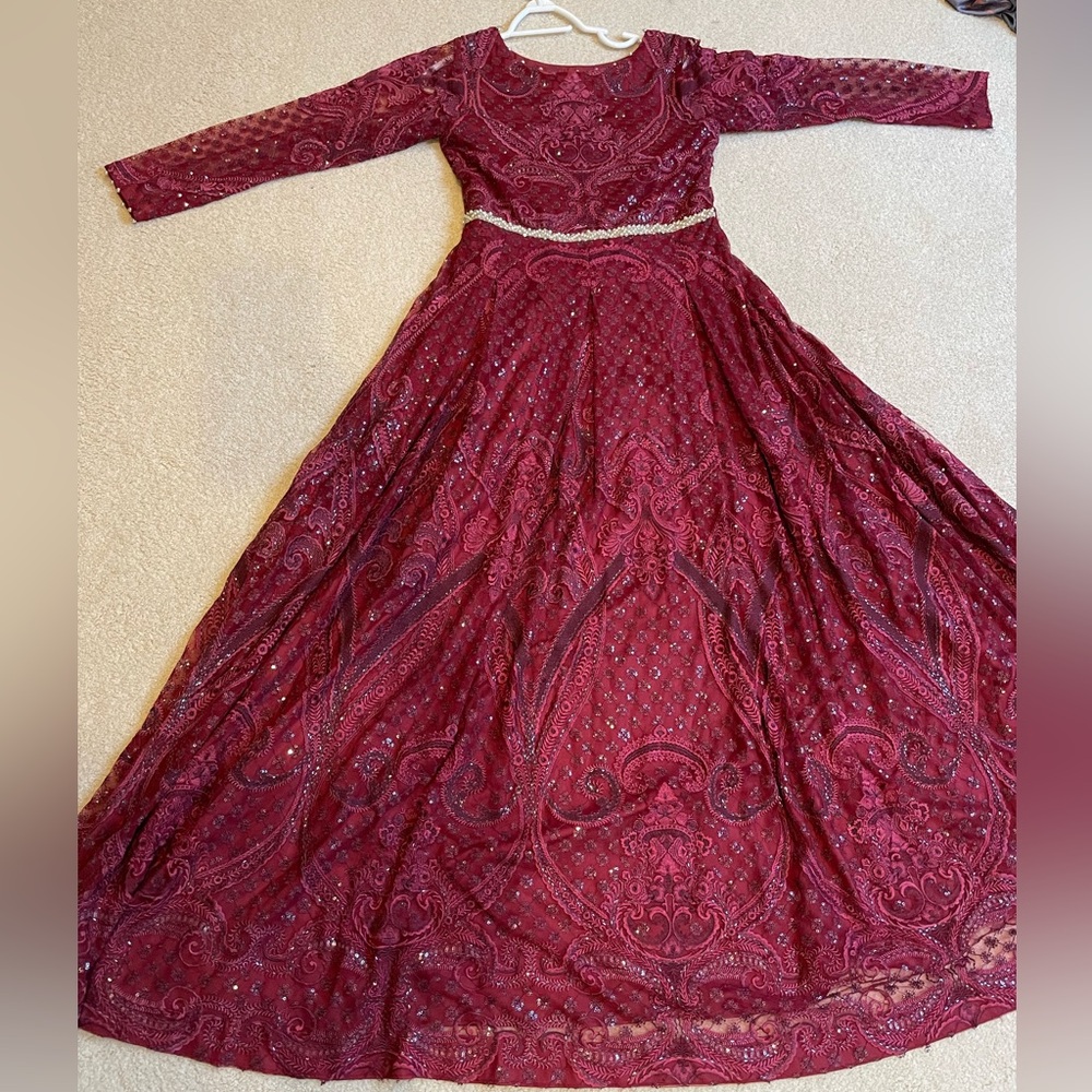 Threads and Motifs Maroon Sequined Lengha with Pearl Waist Detail
